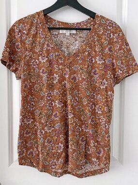 LOFT Brown Floral V-Neck Short Sleeve T-shirt Size S